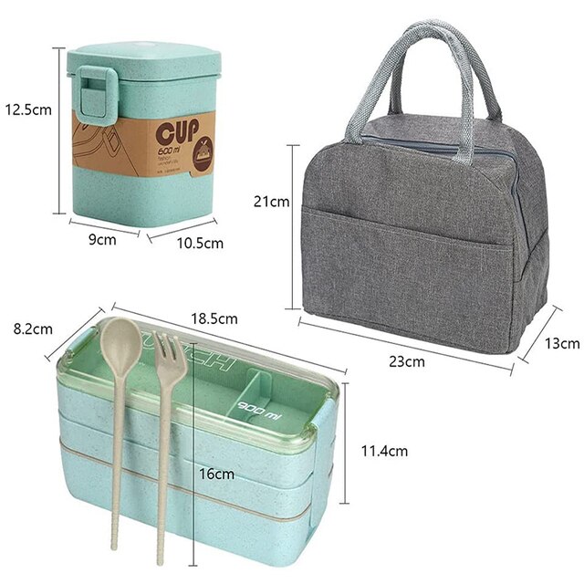 3 Layer Wheat Straw Lunch Box with Bag Japanese Microwave Bento Box with Fork Spoon Food Container for Student Office Staff 6