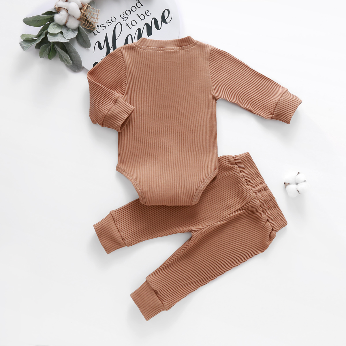 Infant Newborn Baby Girl Boy Spring Autumn Ribbed/Plaid Solid Clothes Sets Long Sleeve Bodysuits + Elastic Pants 2PCs Outfits