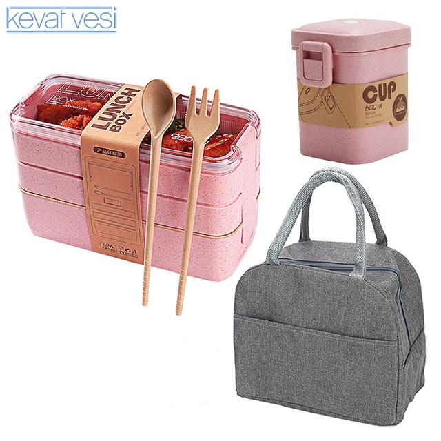 3 Layer Wheat Straw Lunch Box with Bag Japanese Microwave Bento Box with Fork Spoon Food Container for Student Office Staff 1