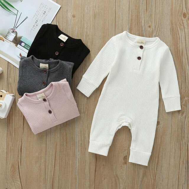 Summer Unisex Newborn Baby Clothes Solid Color Baby Rompers Cotton Knitted Long Sleeve Toddler Jumpsuit Infant Clothing 3-18M 2