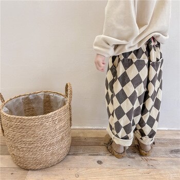 2022 New Autumn Baby Boys Plaid Pants Korean Style Toddlers Kids Casual Loose Haren Trousers Children Clothes 2