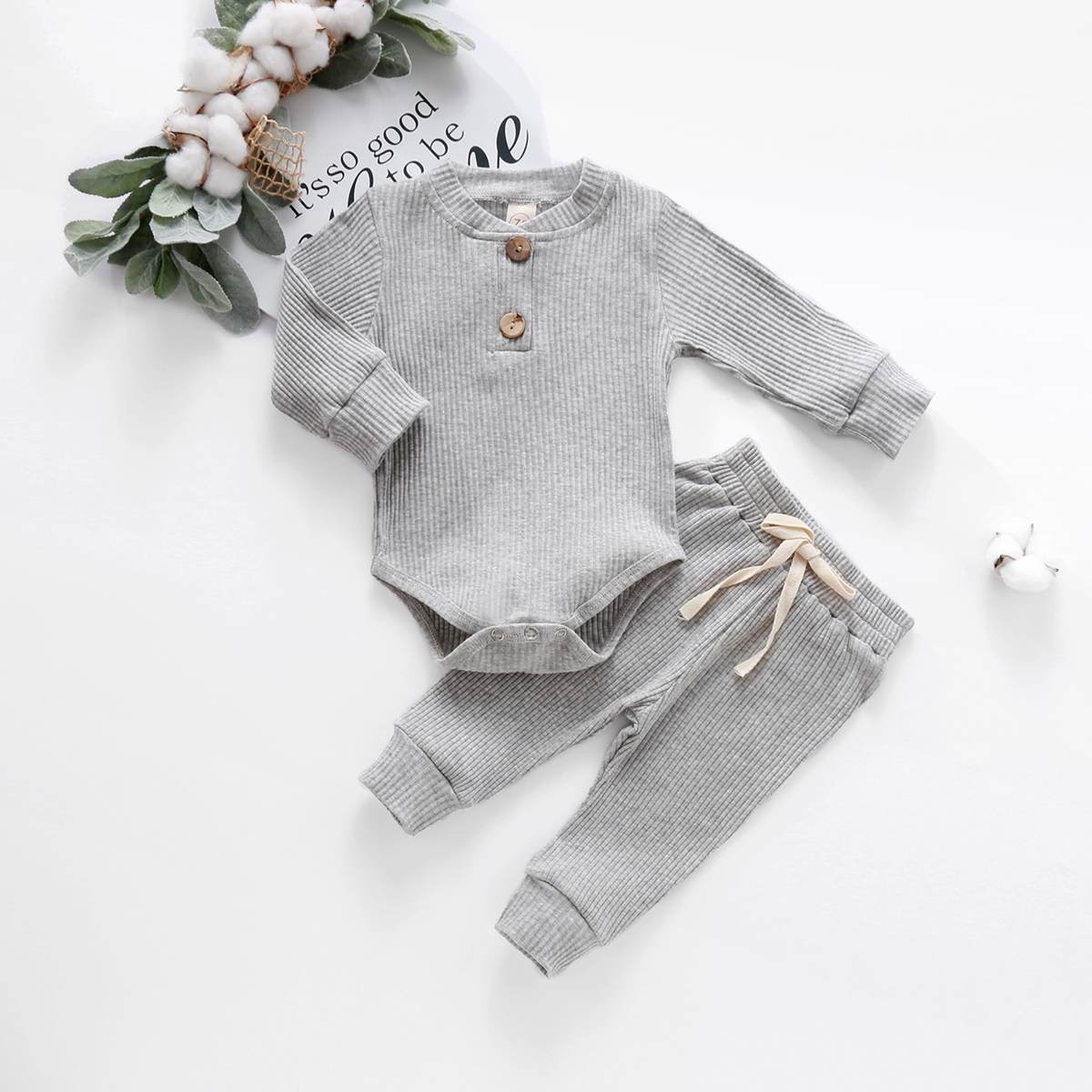 Infant Newborn Baby Girl Boy Spring Autumn Ribbed/Plaid Solid Clothes Sets Long Sleeve Bodysuits + Elastic Pants 2PCs Outfits