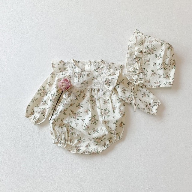 2Pcs Korean Lace Ruffle Cute Baby Romper With Hat Set Infant Vintage Floral Long Sleeve Jumpsuit Toddler Baby Girl Sweet Clothes 3