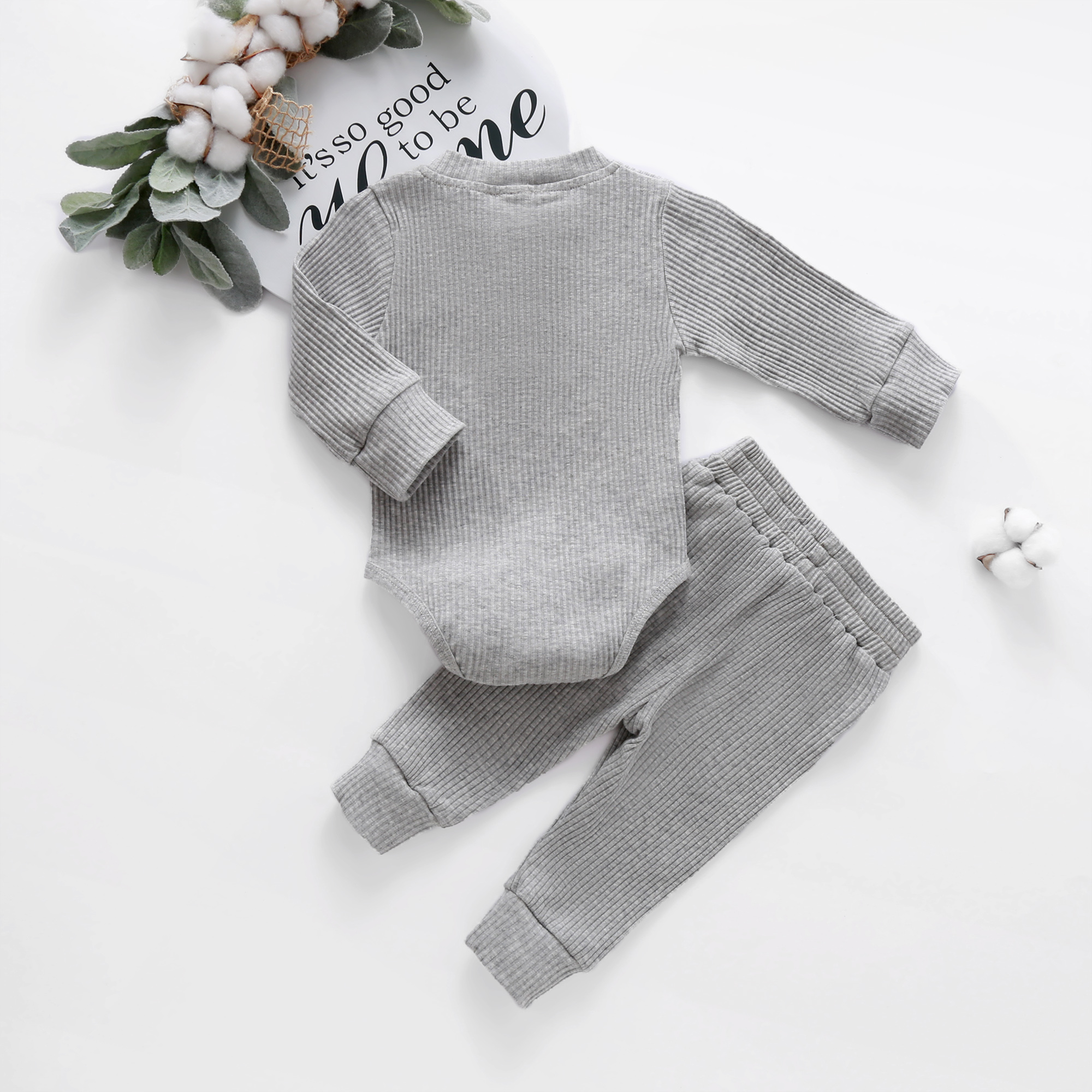 Infant Newborn Baby Girl Boy Spring Autumn Ribbed/Plaid Solid Clothes Sets Long Sleeve Bodysuits + Elastic Pants 2PCs Outfits