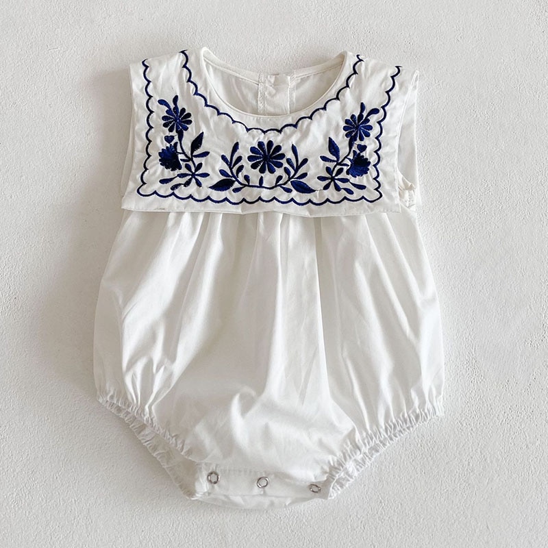 Korean Style Infant Baby Girls Jumpsuit Navy Collar Embroidery Cotton Newborn Baby Girl Bodysuits Summer Baby Girls Clothes 4