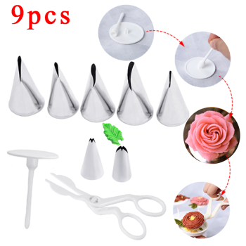 9Pcs/set Flower Scissor+Cake Tray +7pcs Tulips Rose Nozzle Nail Decor Lifter Fondant Cream Transfer Baking Pastry Kitchen 1