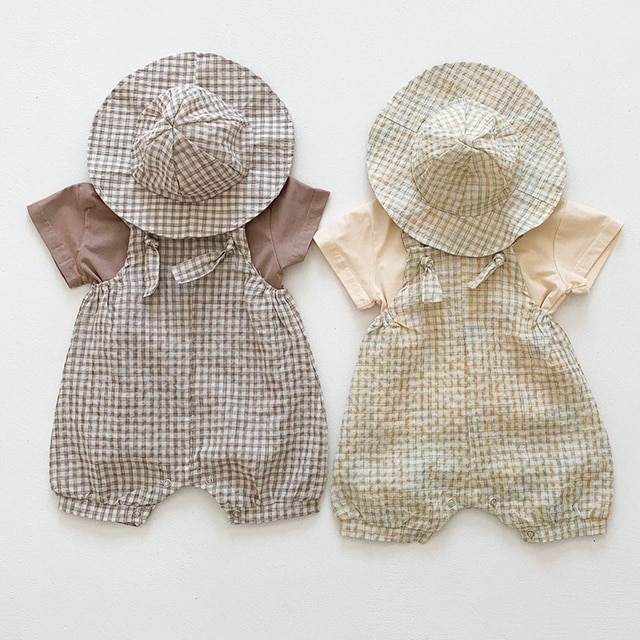 Korean Style Summer Infant Baby Boys Girls Clothes Set Cotton T-shirt+Lattice Jumpsuit+Hat Newborn Baby Girls Clothing Suit 1