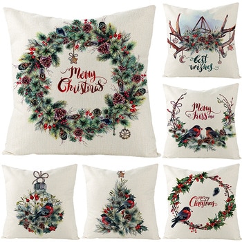 45X45CM Linen Christmas Pillows Case Bird Trees Garland Floral Print Cushion Case Livingroom Sofa Couch Decorative Throw Pillows 2