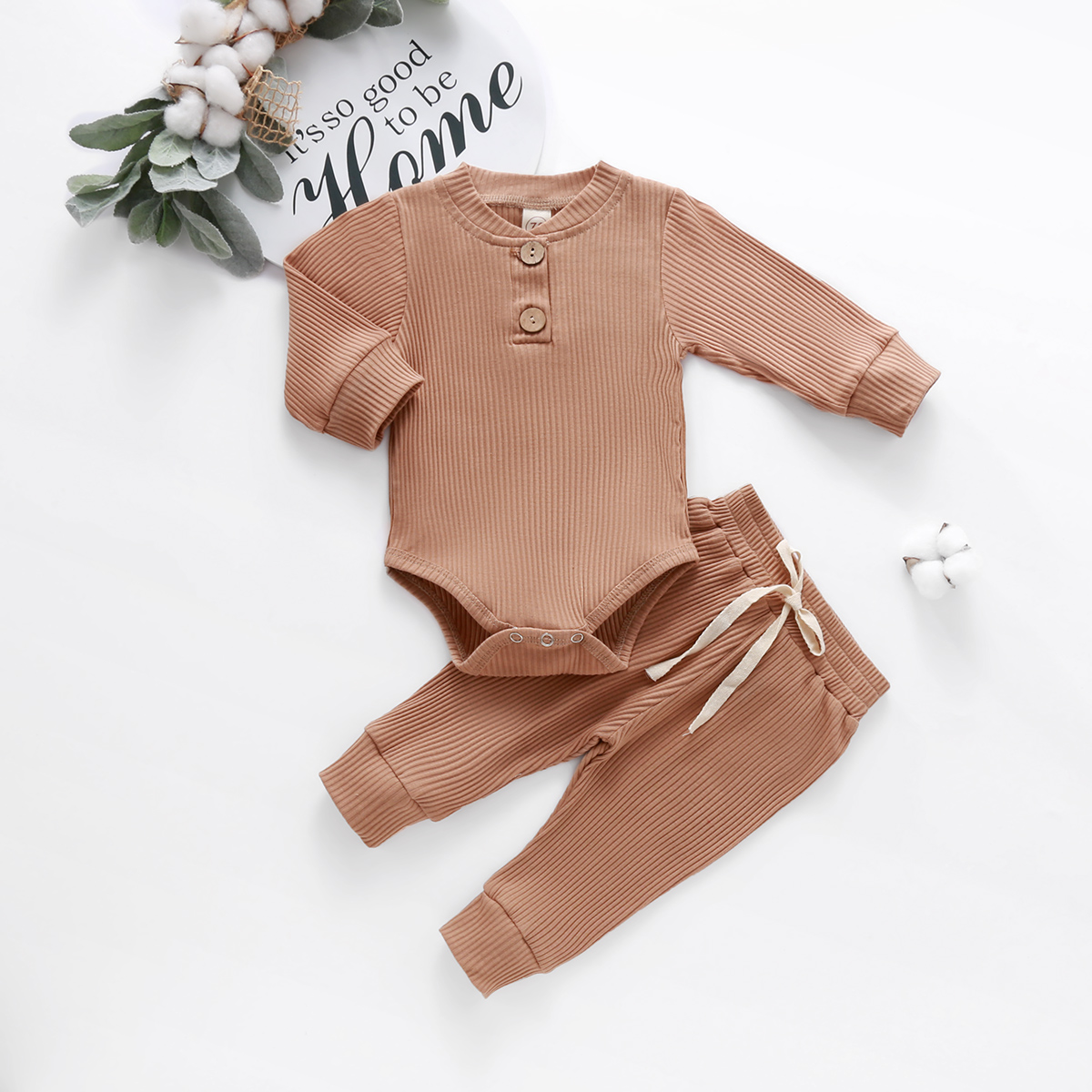 Infant Newborn Baby Girl Boy Spring Autumn Ribbed/Plaid Solid Clothes Sets Long Sleeve Bodysuits + Elastic Pants 2PCs Outfits