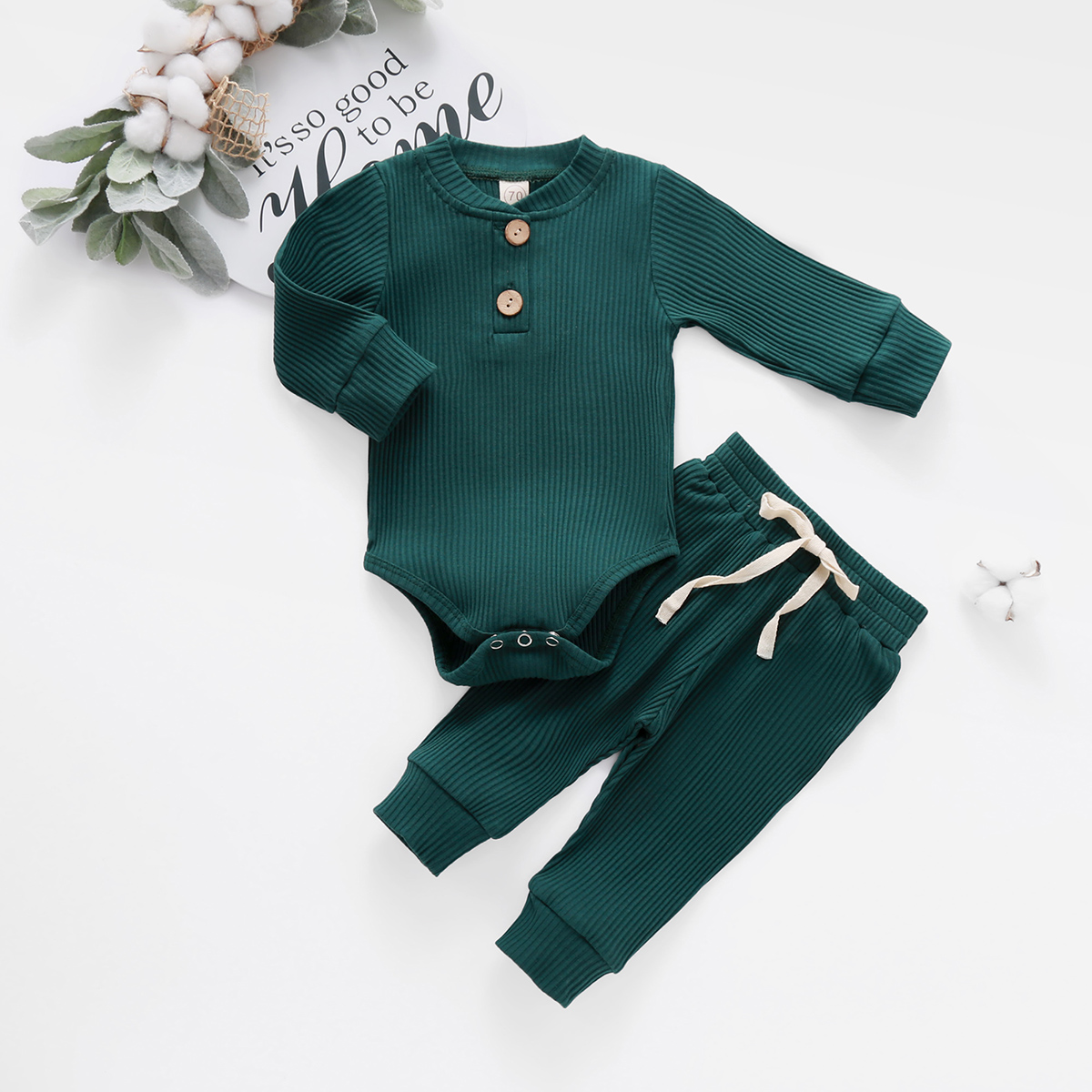 Infant Newborn Baby Girl Boy Spring Autumn Ribbed/Plaid Solid Clothes Sets Long Sleeve Bodysuits + Elastic Pants 2PCs Outfits