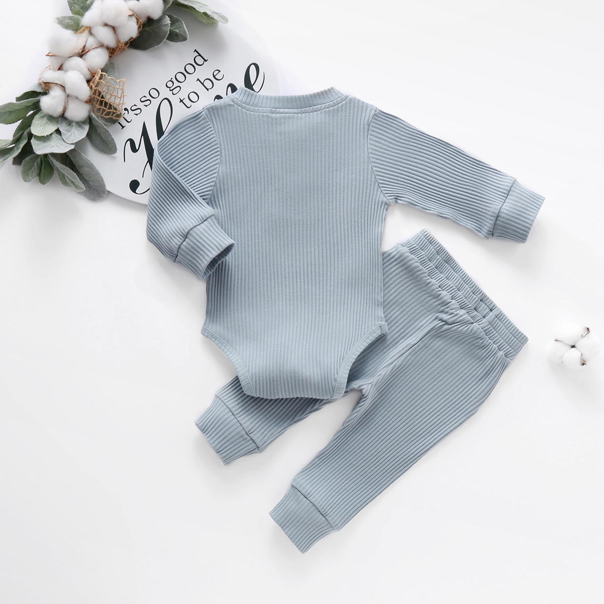 Infant Newborn Baby Girl Boy Spring Autumn Ribbed/Plaid Solid Clothes Sets Long Sleeve Bodysuits + Elastic Pants 2PCs Outfits