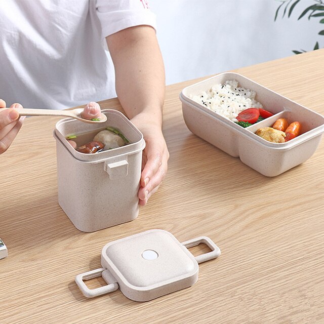 Wheat straw lunch box for kids plastic food storage container snacks box japanese style bento box with tableware soup cup 4