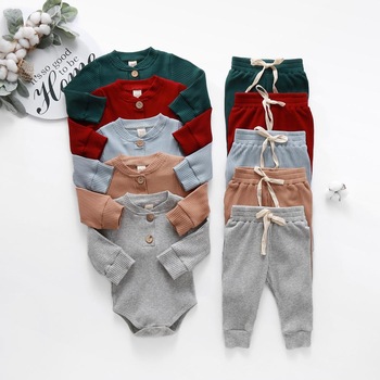 Infant Newborn Baby Girl Boy Spring Autumn Ribbed/Plaid Solid Clothes Sets Long Sleeve Bodysuits + Elastic Pants 2PCs Outfits 1