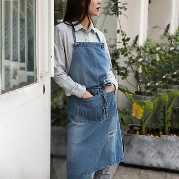 Professional Korean Adjustable 100% Cotton Denim Apron Kitchen Aprons For Woman Adult Baking Smock Chef Cafe Unisex Jeans Apron 1