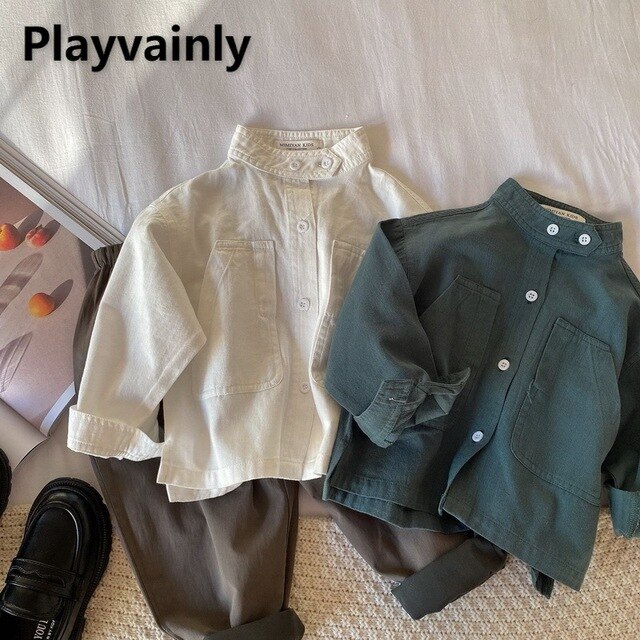 Baby Shirt 2021 New Korean style band collar Cotton Long Sleeve shirt coat Boys Girls Tops Baby Clothes 1-7Years E100269 1