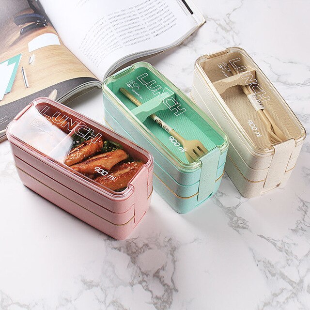 3 Layer Wheat Straw Lunch Box with Bag Japanese Microwave Bento Box with Fork Spoon Food Container for Student Office Staff 4