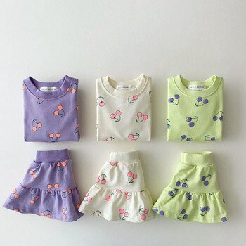 Korean style summer Children Clothes Set Toddler Girls Cheery Printing Suits Cotton Short Sleeve Tee and Skirts Baby Girl Outfit 1