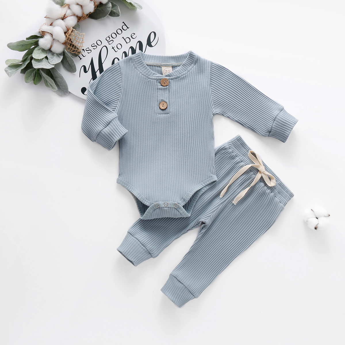 Infant Newborn Baby Girl Boy Spring Autumn Ribbed/Plaid Solid Clothes Sets Long Sleeve Bodysuits + Elastic Pants 2PCs Outfits