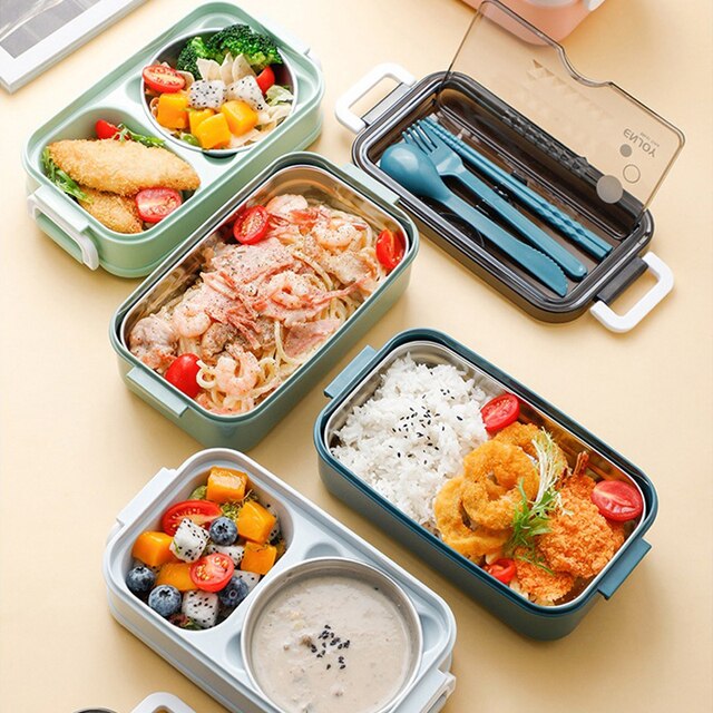 304 Stainless Steel Lunch Box Bento Box For School Kids Office Worker 2layers Microwae Heating Lunch Container Food Storage Box 2