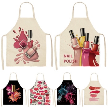 Nail Polish Lipstick Beauty Kitchen Women Apron Household Cleaning Cotton Linen Pinafore Salon Home Cooking Baking Adult BIb 1