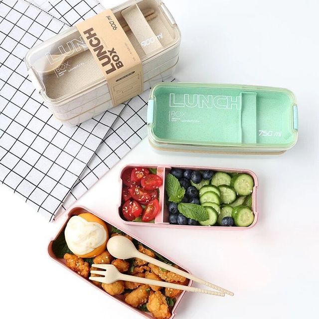 3 Layer Wheat Straw Lunch Box with Bag Japanese Microwave Bento Box with Fork Spoon Food Container for Student Office Staff 3