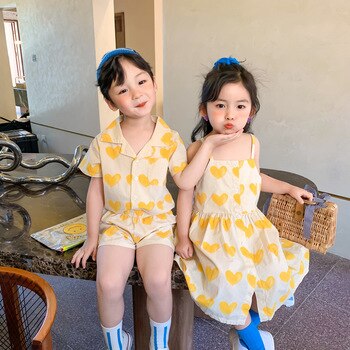 Korean style Summer boys heart printed clothes sets baby girls fashion single-breasted slipping dress 2