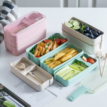 900ml Portable Healthy Material Lunch Box 3 Layer Wheat Straw Bento Boxes Microwave Dinnerware Food Storage Container Foodbox 2