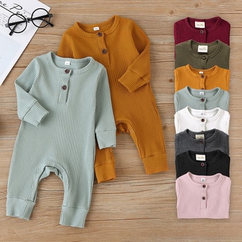 Summer Unisex Newborn Baby Clothes Solid Color Baby Rompers Cotton Knitted Long Sleeve Toddler Jumpsuit Infant Clothing 3-18M 1
