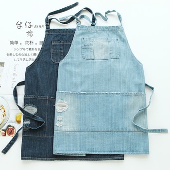 Professiona Korean Adjustable 100% Cotton Denim Apron Kitchen Aprons For Woman Adult Baking Smock Chef Cafe Unisex Jeans Apron 2