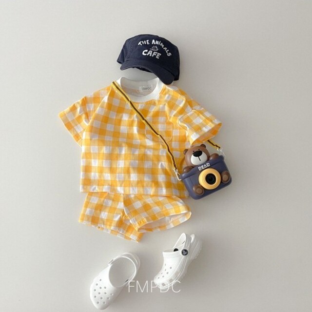 2022 Summer Baby Girls Clothes Set O-neck Tees Heart Print T-shirt + Plaid Shorts 2Pcs Korean Infant Suits Casual Toddler 3