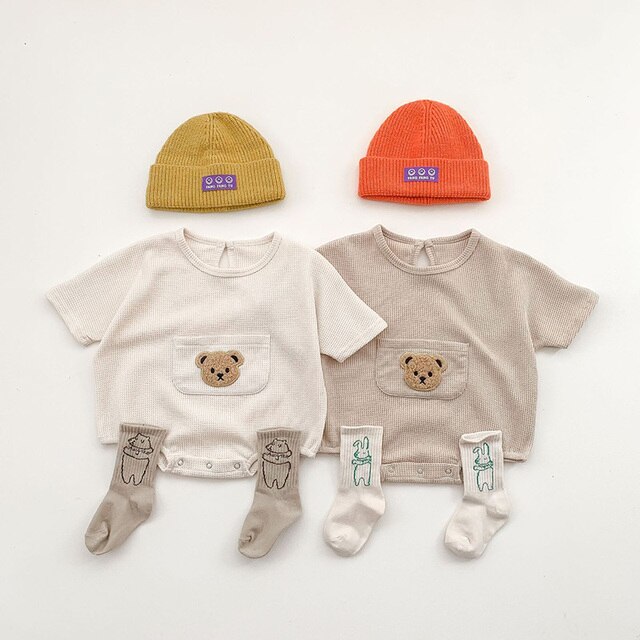 MILANCEL 2022 Summer Baby Clothes Waffle Infant One Piece Boys Bear Bodysuits Short Sleeve Infant Clothing 3
