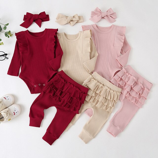 0-24M Newborn Infant Baby Girls Ruffle T-Shirt Romper Tops Leggings Pant Outfits Clothes Set Long Sleeve Fall Winter Clothing 1