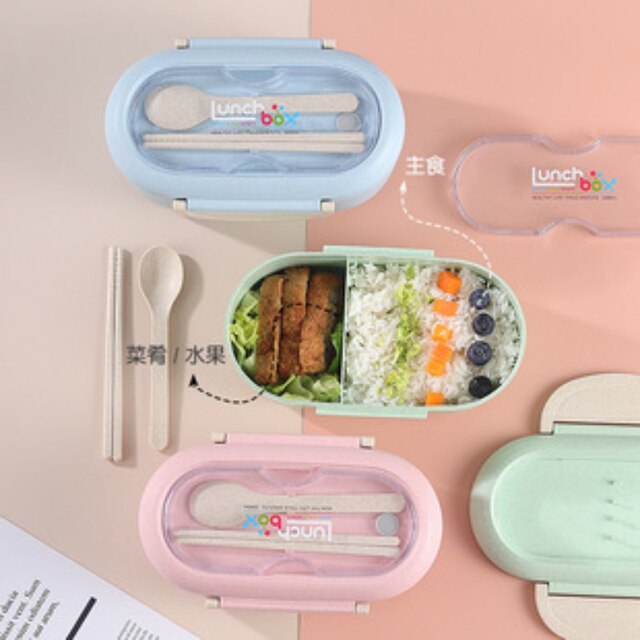 Lunch Box Microwave Leakproof Wheat Straw Office Dinnerware Food Storage Container Children Kids School Portable Bento Box Bag 2
