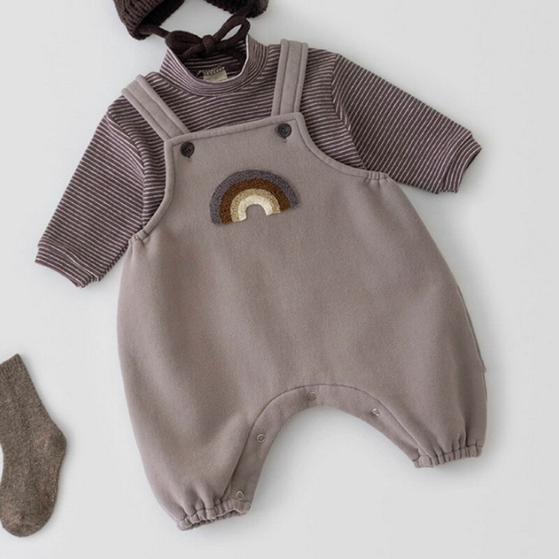 2022 Korean Style Spring Baby Girls Boys Romper Grey Coffee Jumpsuit+Striped Long Sleeves T-shirt Pullover Child Clothes E2105 2