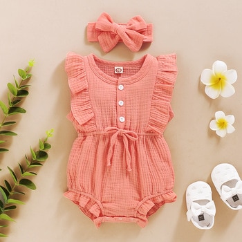 Summer Baby Girls Romper + Headband Cotton Linen Ruffles Sleeveless Infant Rompers Newborn Clothes 2