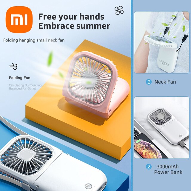 Xiaomi Hanging Neck Fan With 3000mAh Power Bank Mini Portable Folding USB Handheld  Air Condition Desk Fan Multi Function 1