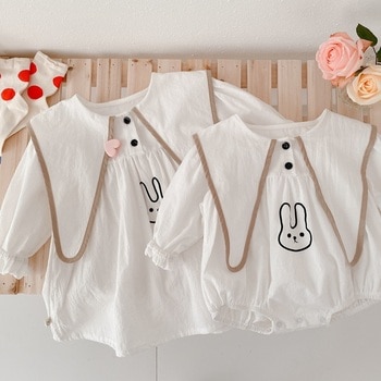 2022 Korean Style New Spring Baby Girl Bodysuit Turn-down Collar White Cartoon Rabbit Jumpsuit+Dress Children Clothes E102 2