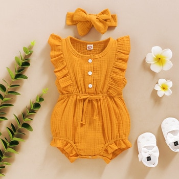 Summer Baby Girls Romper + Headband Cotton Linen Ruffles Sleeveless Infant Rompers Newborn Clothes 1