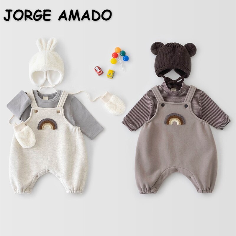 2022 Korean Style Spring Baby Girls Boys Romper Grey Coffee Jumpsuit+Striped Long Sleeves T-shirt Pullover Child Clothes E2105 1