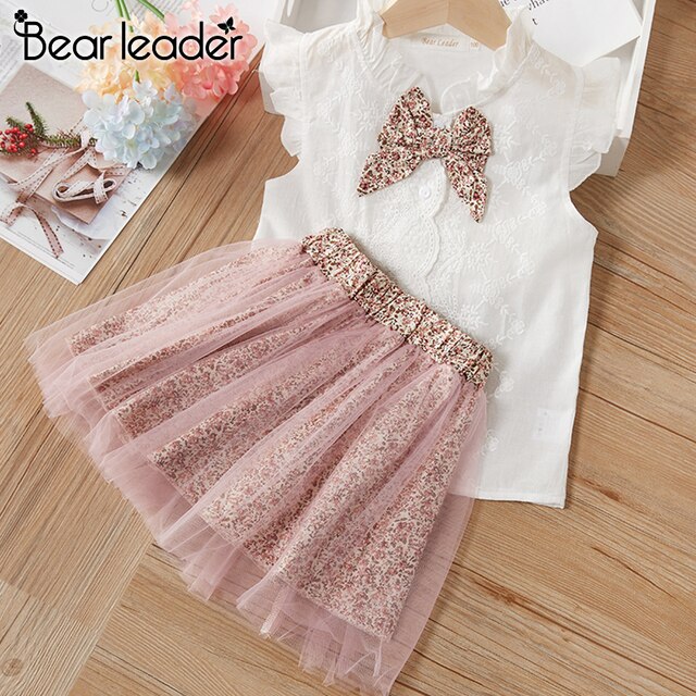 Bear Leader Girls Clothing Sets New Summer Sleeveless T-shirt+Print Bow Skirt 2Pcs for Kids Clothing Sets Baby Clothes Outfits 2