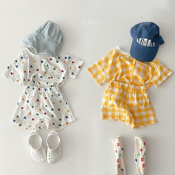 2022 Summer Baby Girls Clothes Set O-neck Tees Heart Print T-shirt + Plaid Shorts 2Pcs Korean Infant Suits Casual Toddler 1