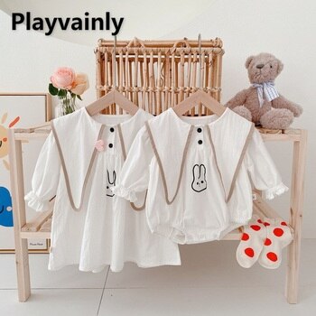 2022 Korean Style New Spring Baby Girl Bodysuit Turn-down Collar White Cartoon Rabbit Jumpsuit+Dress Children Clothes E102 1