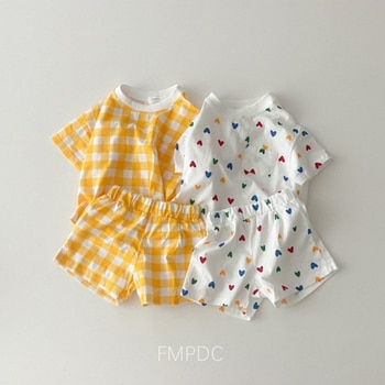 2022 Summer Baby Girls Clothes Set O-neck Tees Heart Print T-shirt + Plaid Shorts 2Pcs Korean Infant Suits Casual Toddler 2